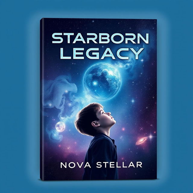 A stunning book cover design for "Starborn Legacy" by Nova Stellar, featuring a teenage protagonist gazing up at a magnificent night sky filled with countless stars and distant galaxies