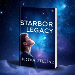 A stunning book cover design for "Starborn Legacy" by Nova Stellar, featuring a teenage protagonist gazing up at a magnificent night sky filled with countless stars and distant galaxies