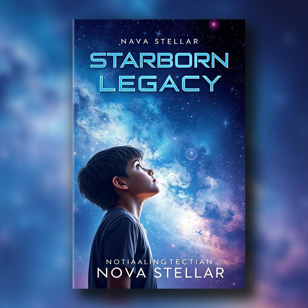 A stunning book cover design for "Starborn Legacy" by Nova Stellar, featuring a teenage protagonist gazing up at a magnificent night sky filled with countless stars and distant galaxies