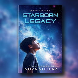 A stunning book cover design for "Starborn Legacy" by Nova Stellar, featuring a teenage protagonist gazing up at a magnificent night sky filled with countless stars and distant galaxies