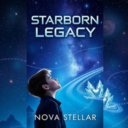 A stunning book cover design for "Starborn Legacy" by Nova Stellar, featuring a teenage protagonist gazing up at a magnificent night sky filled with countless stars and distant galaxies