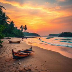 A scenic view of the beautiful Odisha coastline at sunrise, featuring sandy beaches, gentle waves lapping at the shore, and a vivid orange and pink sky