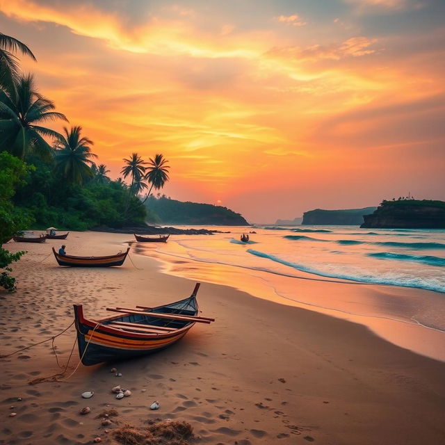 A scenic view of the beautiful Odisha coastline at sunrise, featuring sandy beaches, gentle waves lapping at the shore, and a vivid orange and pink sky