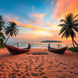 A scenic view of the beautiful Odisha coastline at sunrise, featuring sandy beaches, gentle waves lapping at the shore, and a vivid orange and pink sky