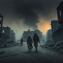 In a smoke blackened morning light, the scene captures the remnants of a war-torn urban landscape