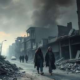 In a smoke blackened morning light, the scene captures the remnants of a war-torn urban landscape