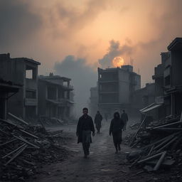 In a smoke blackened morning light, the scene captures the remnants of a war-torn urban landscape