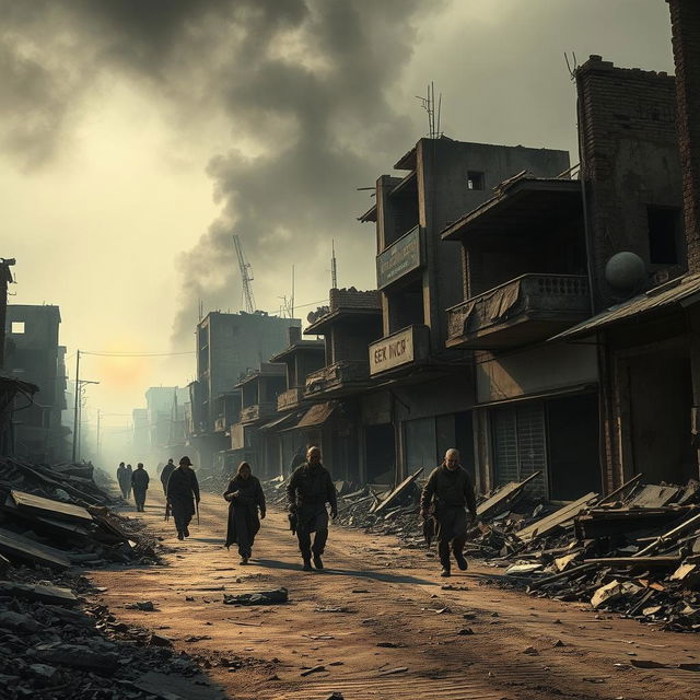 In a smoke blackened morning light, the scene captures the remnants of a war-torn urban landscape