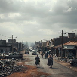 A haunting portrayal of a post-war town, where the remnants of civilization cling to the edges of despair