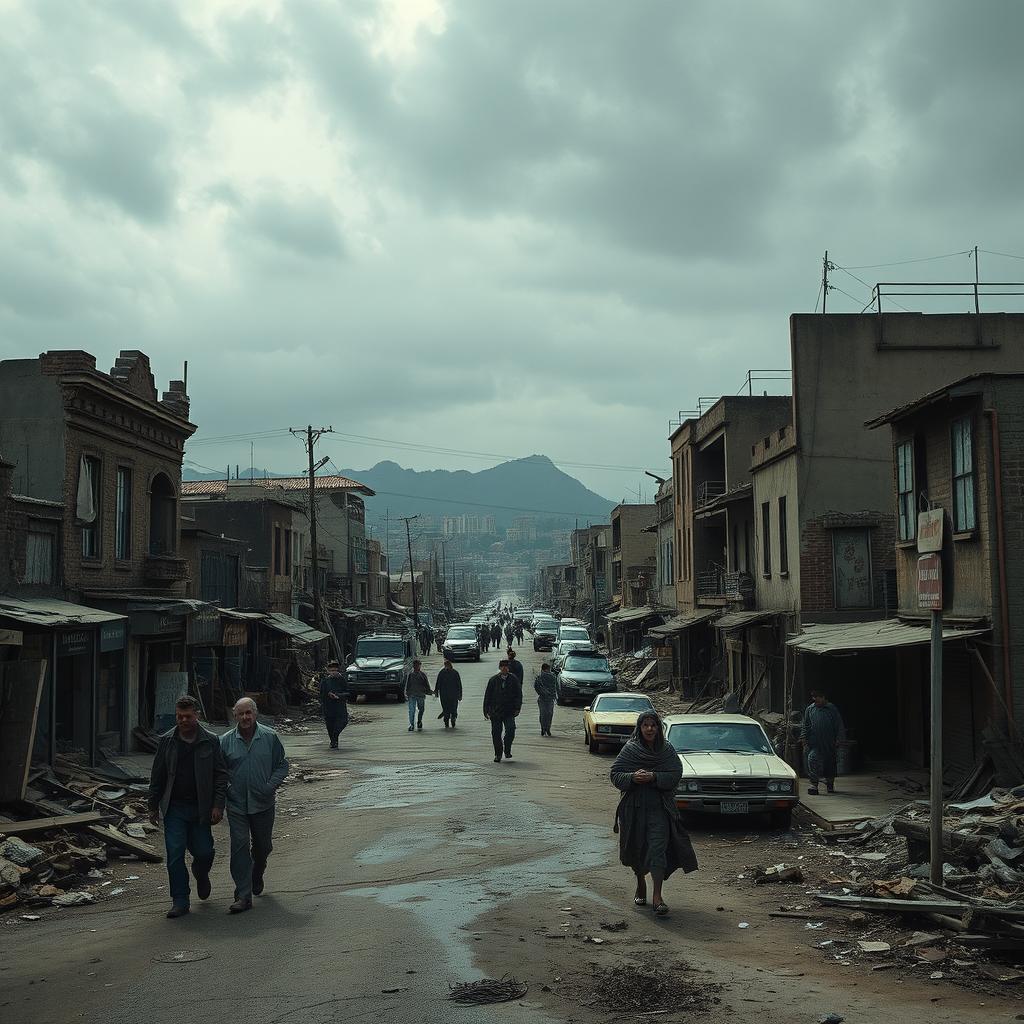 A haunting portrayal of a post-war town, where the remnants of civilization cling to the edges of despair