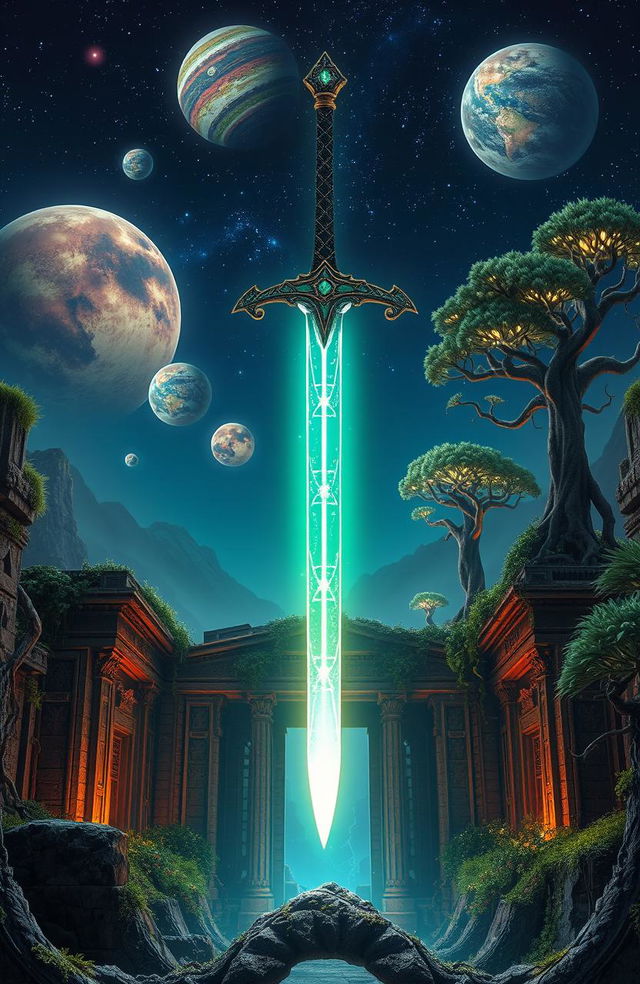 A glowing magic sword floating majestically above ancient ruins, with intricate carvings and overgrown vines