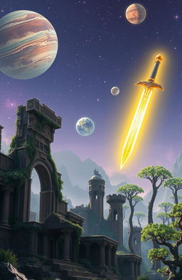 A glowing magic sword floating majestically above ancient ruins, with intricate carvings and overgrown vines