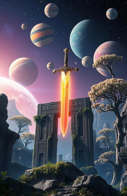 A glowing magic sword floating majestically above ancient ruins, with intricate carvings and overgrown vines