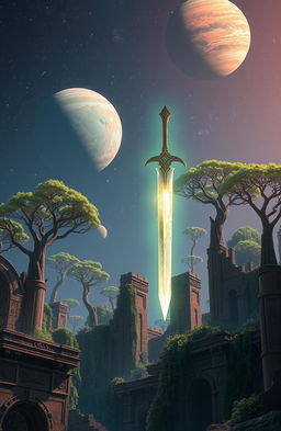 A glowing magic sword floating majestically above ancient ruins, with intricate carvings and overgrown vines