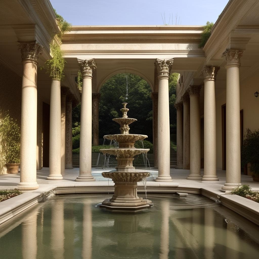 A central feature of a Roman inspired fountain with water flowing into a pool, surrounded by walkways with classical columns and arches.