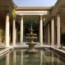 A central feature of a Roman inspired fountain with water flowing into a pool, surrounded by walkways with classical columns and arches.