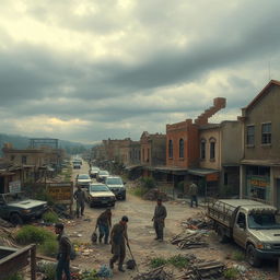 A vivid depiction of a post-war town, showcasing a society on the brink of collapse
