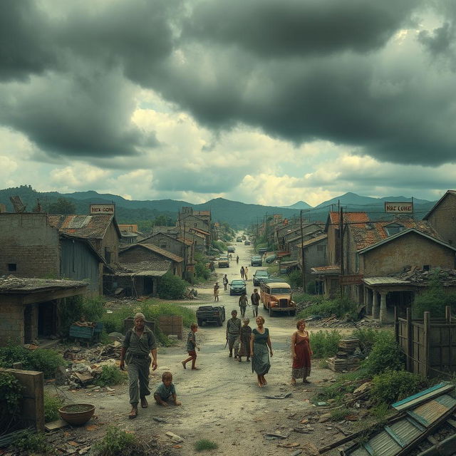 A vivid depiction of a post-war town, showcasing a society on the brink of collapse