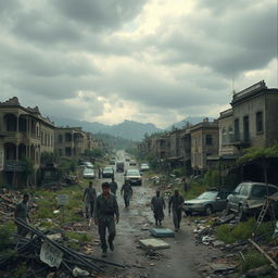 A vivid depiction of a post-war town, showcasing a society on the brink of collapse