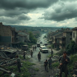 A vivid depiction of a post-war town, showcasing a society on the brink of collapse