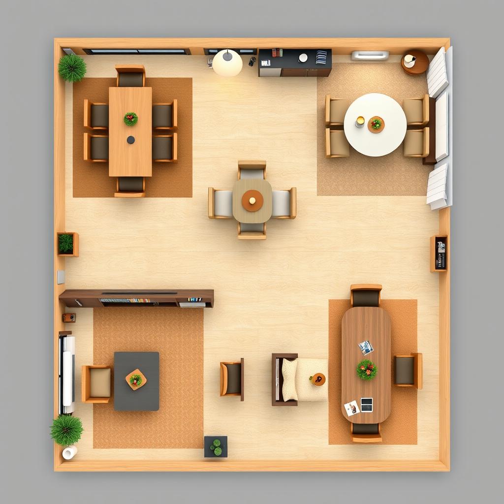 A detailed top-view layout of a combined dining room and living room space, showcasing multiple design options for furniture arrangement