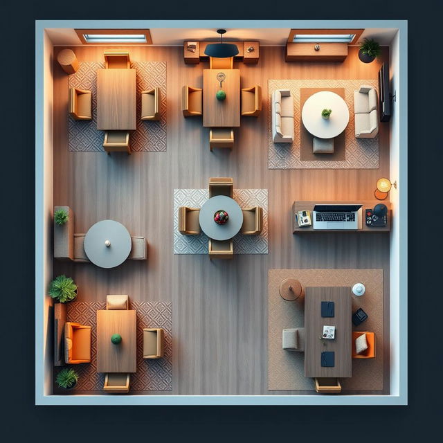 A detailed top-view layout of a combined dining room and living room space, showcasing multiple design options for furniture arrangement