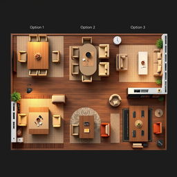A detailed top-view layout of a combined dining room and living room space, showcasing multiple design options for furniture arrangement