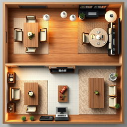 A detailed top-view layout of a combined dining room and living room space, showcasing multiple design options for furniture arrangement