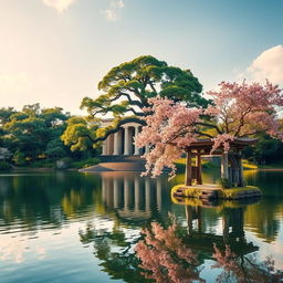 A captivating landscape image showcasing a serene lake at the center, reflecting the stunning contrast between two magnificent trees and their respective temples