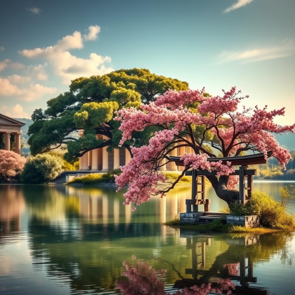 A captivating landscape image showcasing a serene lake at the center, reflecting the stunning contrast between two magnificent trees and their respective temples