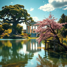 A captivating landscape image showcasing a serene lake at the center, reflecting the stunning contrast between two magnificent trees and their respective temples