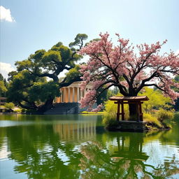 A captivating landscape image showcasing a serene lake at the center, reflecting the stunning contrast between two magnificent trees and their respective temples