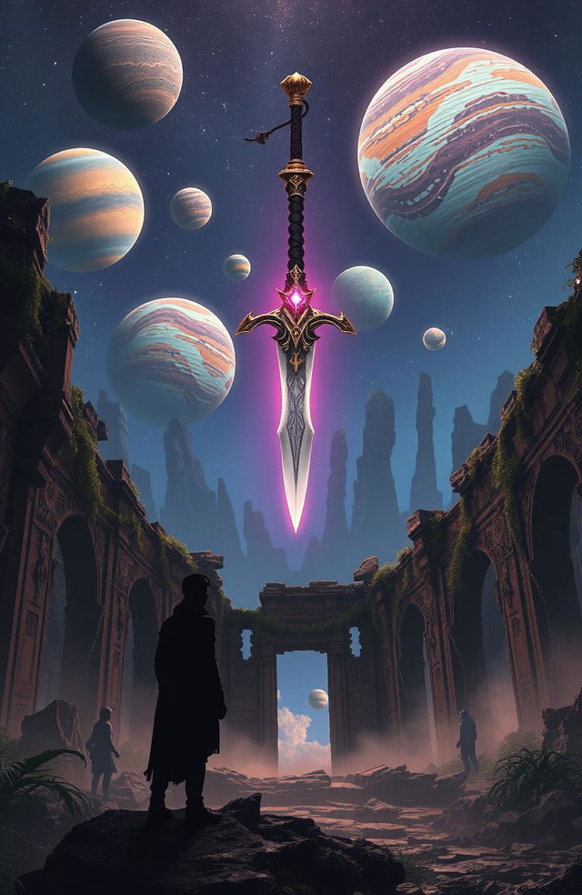 A magical sword hovering majestically above ancient, crumbling ruins, with intricate carvings and overgrown vines