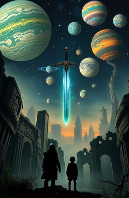 A magical sword hovering majestically above ancient, crumbling ruins, with intricate carvings and overgrown vines