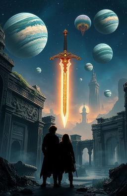 A magical sword hovering majestically above ancient, crumbling ruins, with intricate carvings and overgrown vines