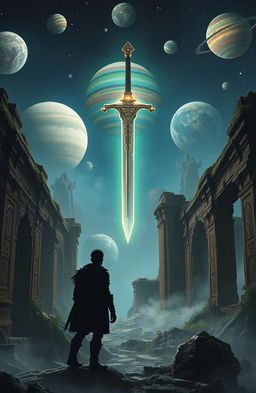 A magical sword hovering majestically above ancient, crumbling ruins, with intricate carvings and overgrown vines