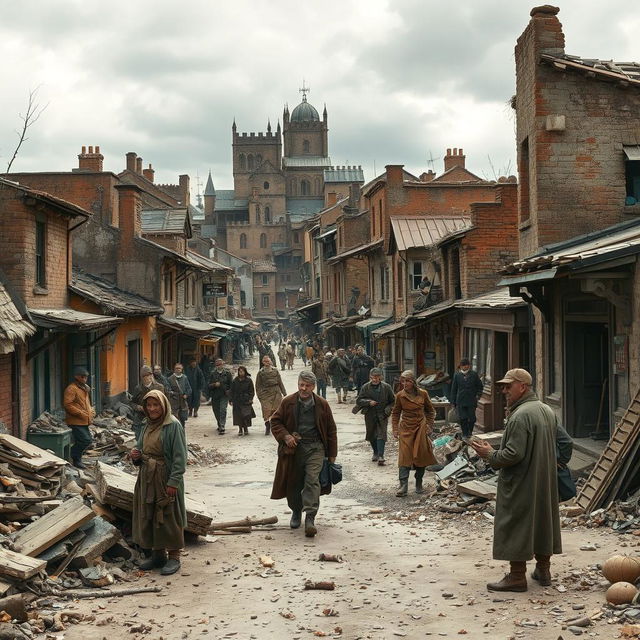 A striking depiction of a 20th-century post-World War town, showcasing the harsh realities of a struggling society with bare resources