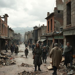 A striking depiction of a 20th-century post-World War town, showcasing the harsh realities of a struggling society with bare resources