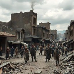 A striking depiction of a 20th-century post-World War town, showcasing the harsh realities of a struggling society with bare resources