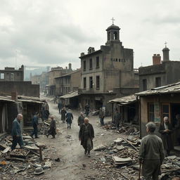 A striking depiction of a 20th-century post-World War town, showcasing the harsh realities of a struggling society with bare resources