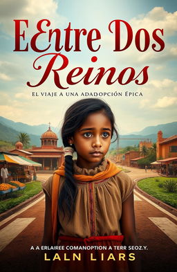 A captivating book cover for "Entre Dos Reinos: El Viaje de una Adopción Épica" featuring a 19-year-old girl named Elara from Ethiopia, who is adopted and raised in Spain