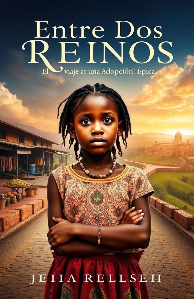 A captivating book cover for "Entre Dos Reinos: El Viaje de una Adopción Épica" featuring a 19-year-old girl named Elara from Ethiopia, who is adopted and raised in Spain