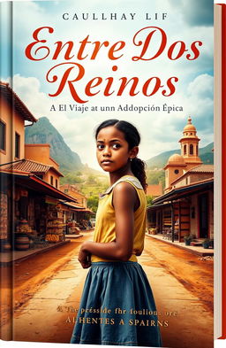 A captivating book cover for "Entre Dos Reinos: El Viaje de una Adopción Épica" featuring a 19-year-old girl named Elara from Ethiopia, who is adopted and raised in Spain