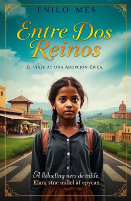 A captivating book cover for "Entre Dos Reinos: El Viaje de una Adopción Épica" featuring a 19-year-old girl named Elara from Ethiopia, who is adopted and raised in Spain