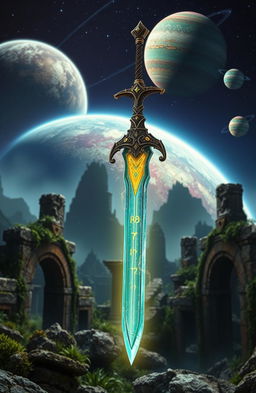 A magical sword floating majestically over ancient ruins, bathed in a mystical glow