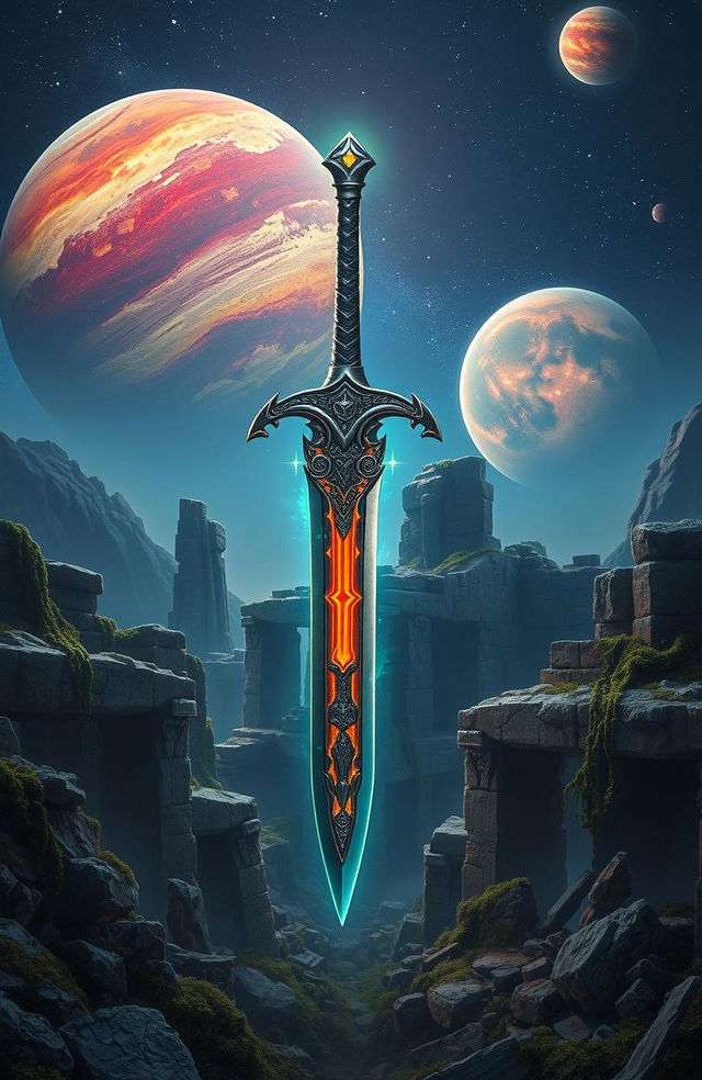 A magical sword floating majestically over ancient ruins, bathed in a mystical glow