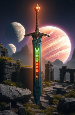 A magical sword floating majestically over ancient ruins, bathed in a mystical glow