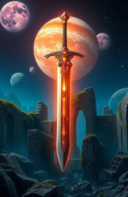 A magical sword floating majestically over ancient ruins, bathed in a mystical glow