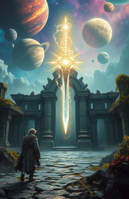 A magical sword glowing brightly, floating majestically over intricate, ancient ruins, which are overgrown with vines and moss