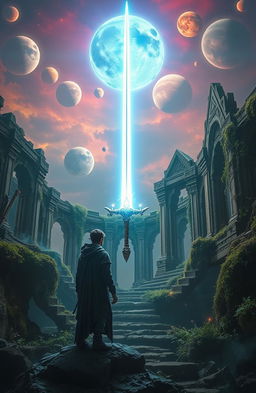A magical sword glowing brightly, floating majestically over intricate, ancient ruins, which are overgrown with vines and moss